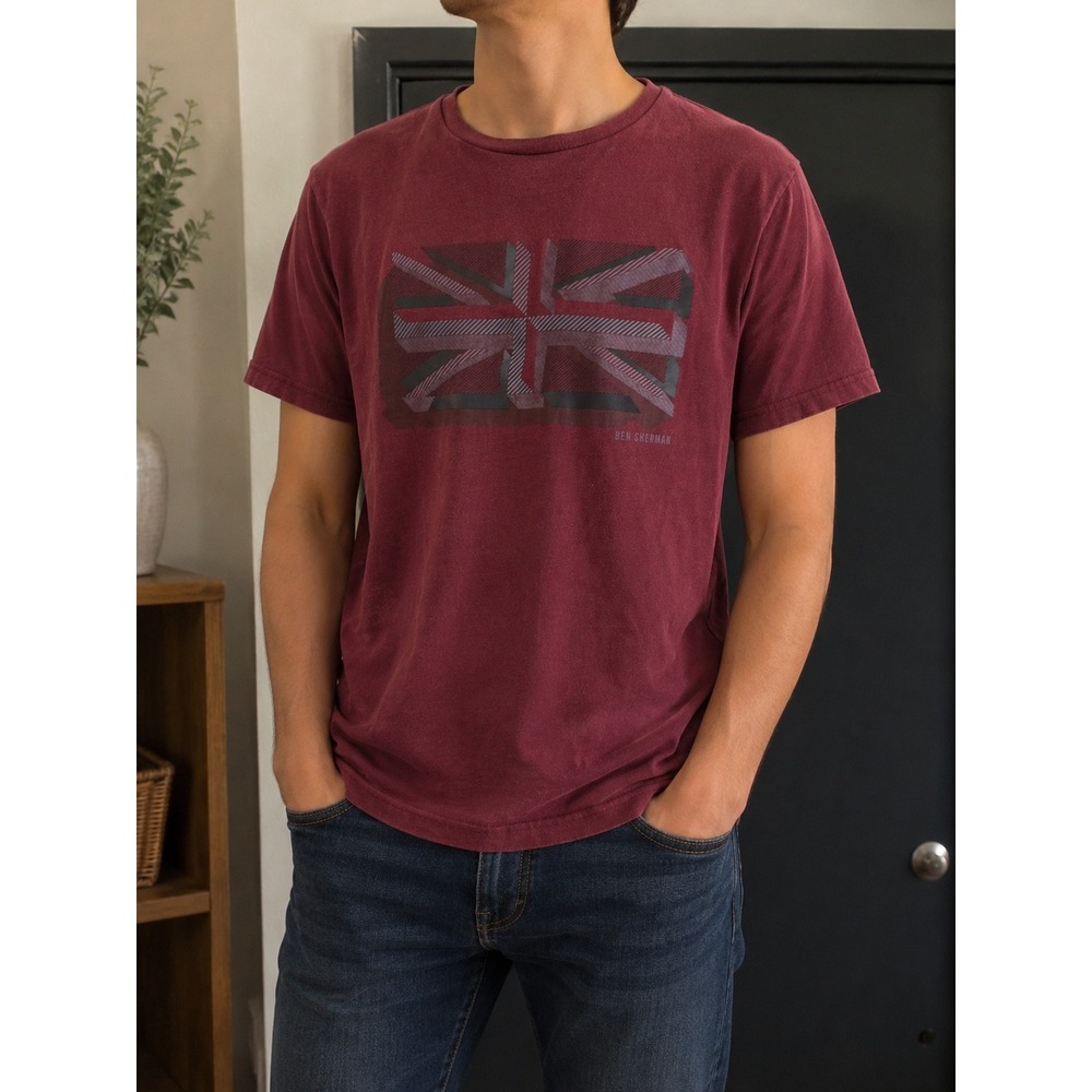 Ben Sherman Mens T-Shirt Large Burgundy Union Jack Graphic Short Sleeve Cotton